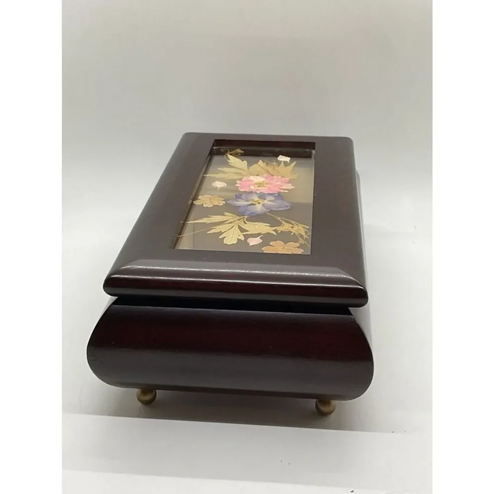 Vintage Bombay Company Floral Inlay Wooden Music Box - Plays Love story
